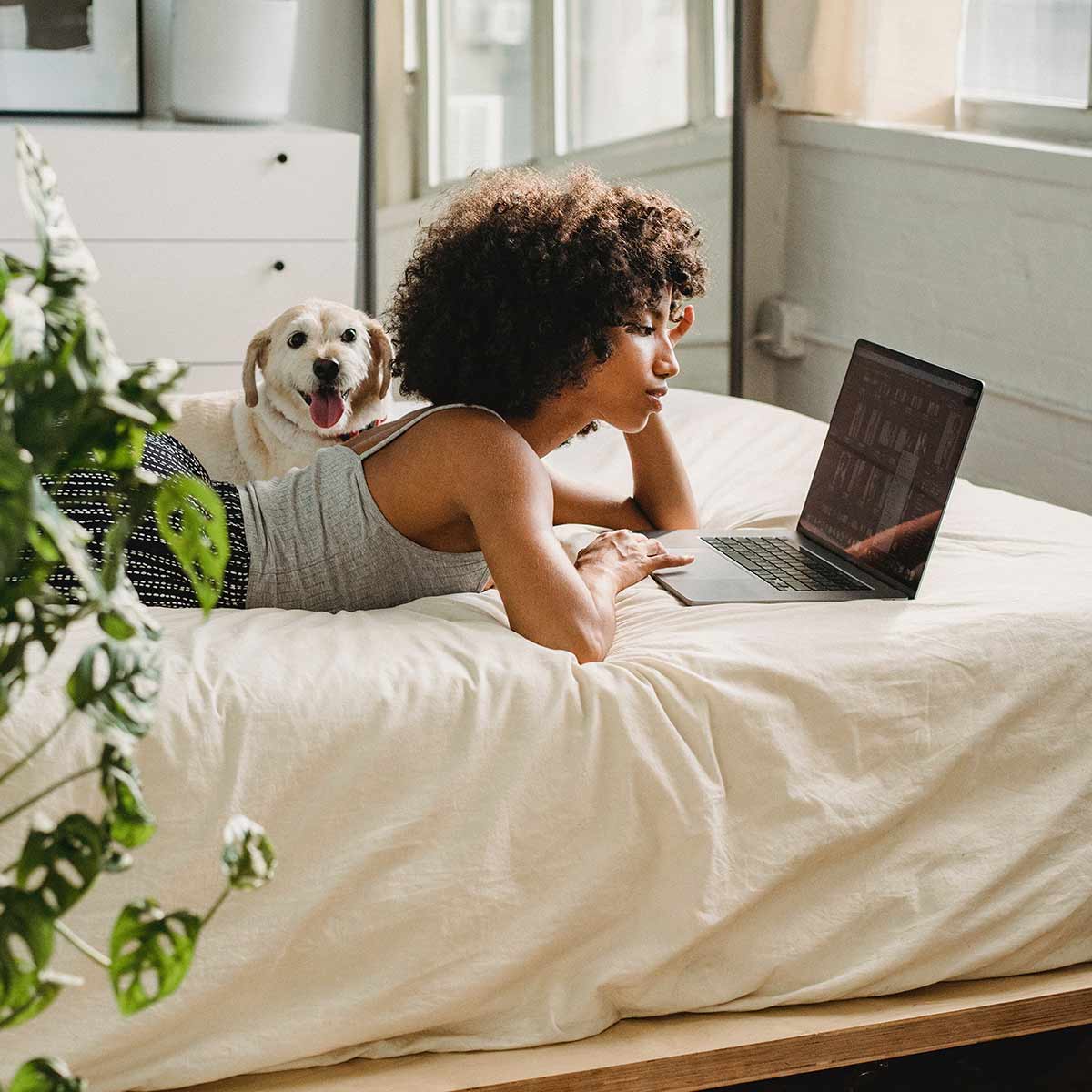 Woman laying on bed reading pregnancy resource center website.